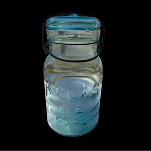 Antique Aqua Putnam “Lightening” Fruit Jar w/Glass Lid & Wire Bail Closure.